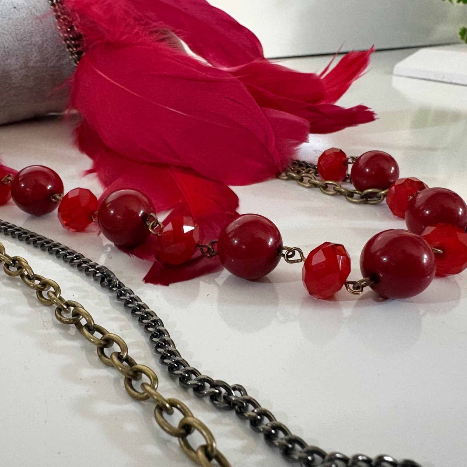 Multilayer Red Feather and Beaded Statement Necklace Antique Metal Finish Chains