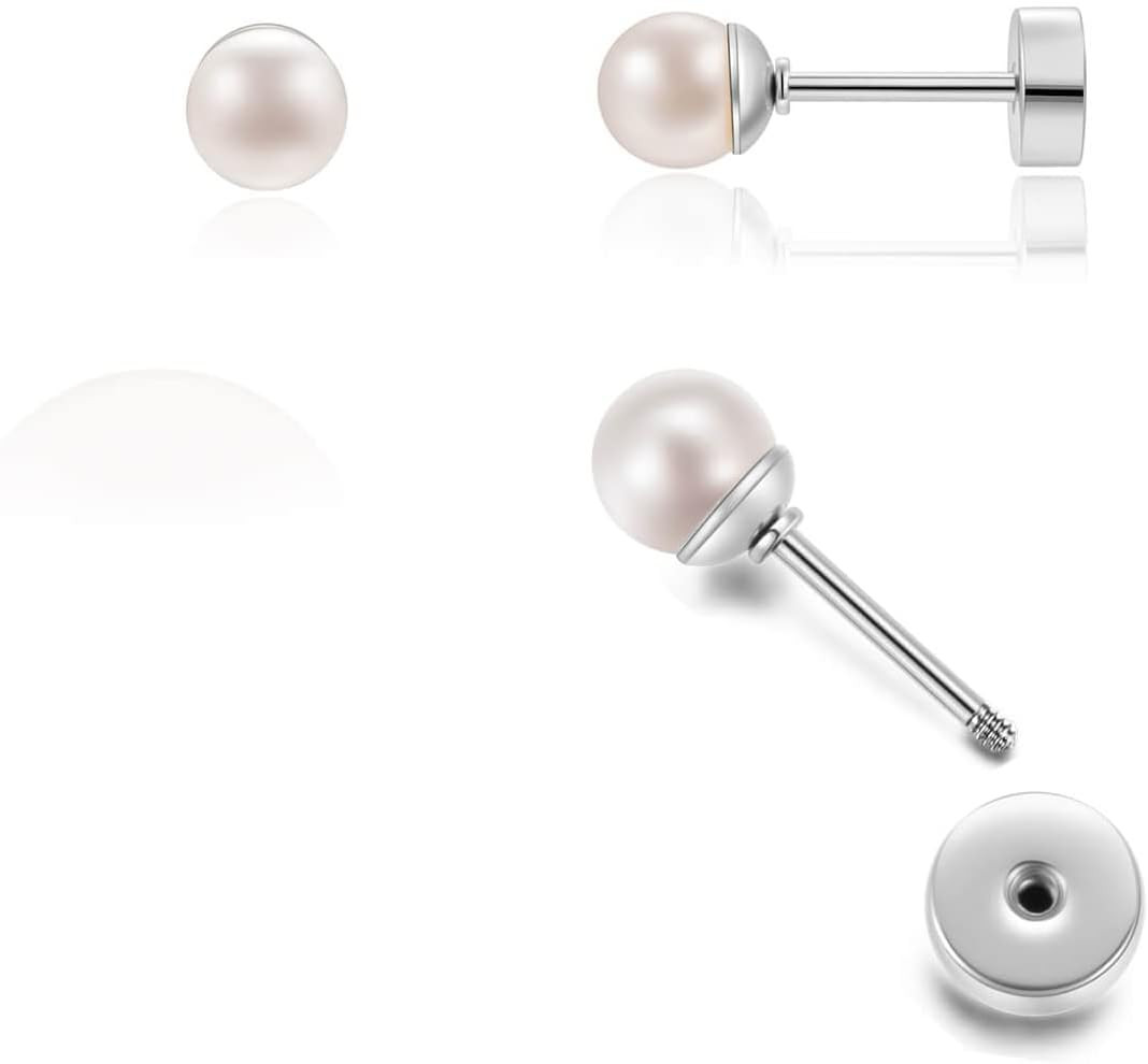Pearl Stud Earrings Screw Back,Flat Back Pearl Cartilage Helix Earrings 316L Sur