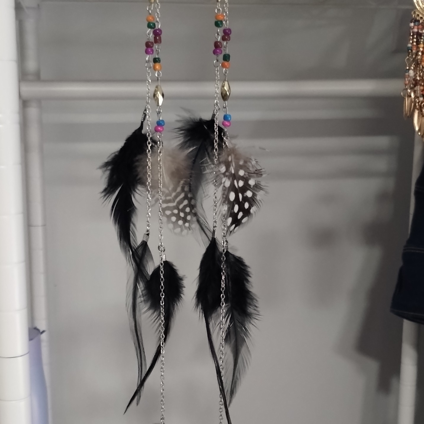 12 Inch Long Dangle/Drop Feather Earrings, Multicolor Beaded Silver-Tone Chain