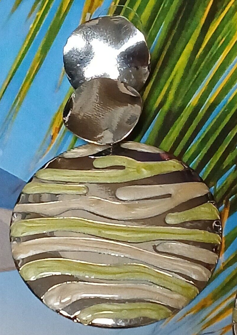 Multi Layer Silver Tone Alloy Disc Earrings with Green and Tan Wavy Design