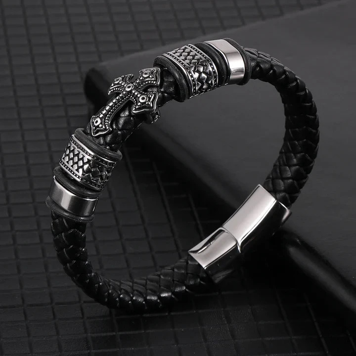 Men’s Cross Leather Bracelet Braided Christian Bangle Stainless Steel Jewelry