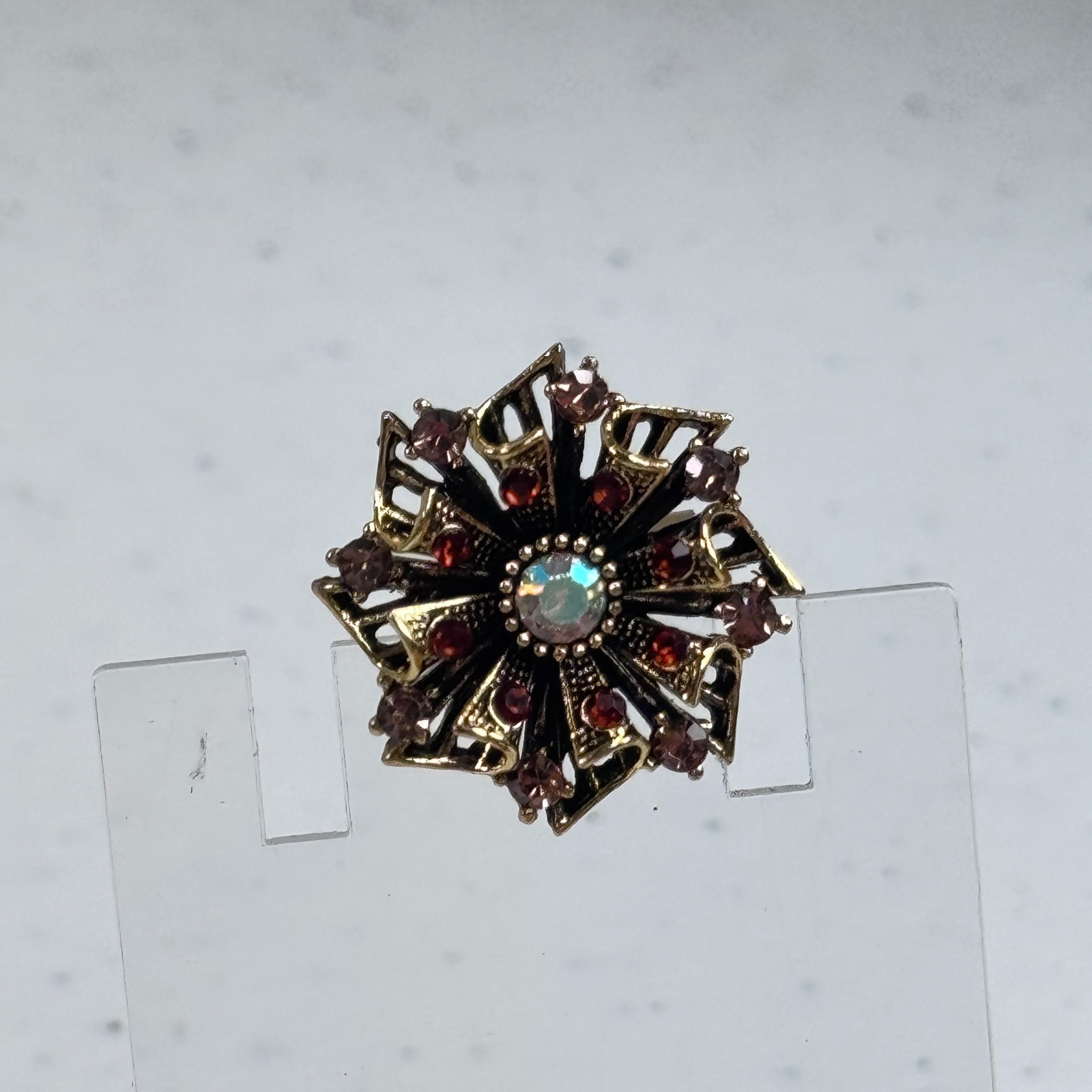 Brooch Red Rhinestone Aurora Borealis Floral Gold Tone Layered Flower 1576-6