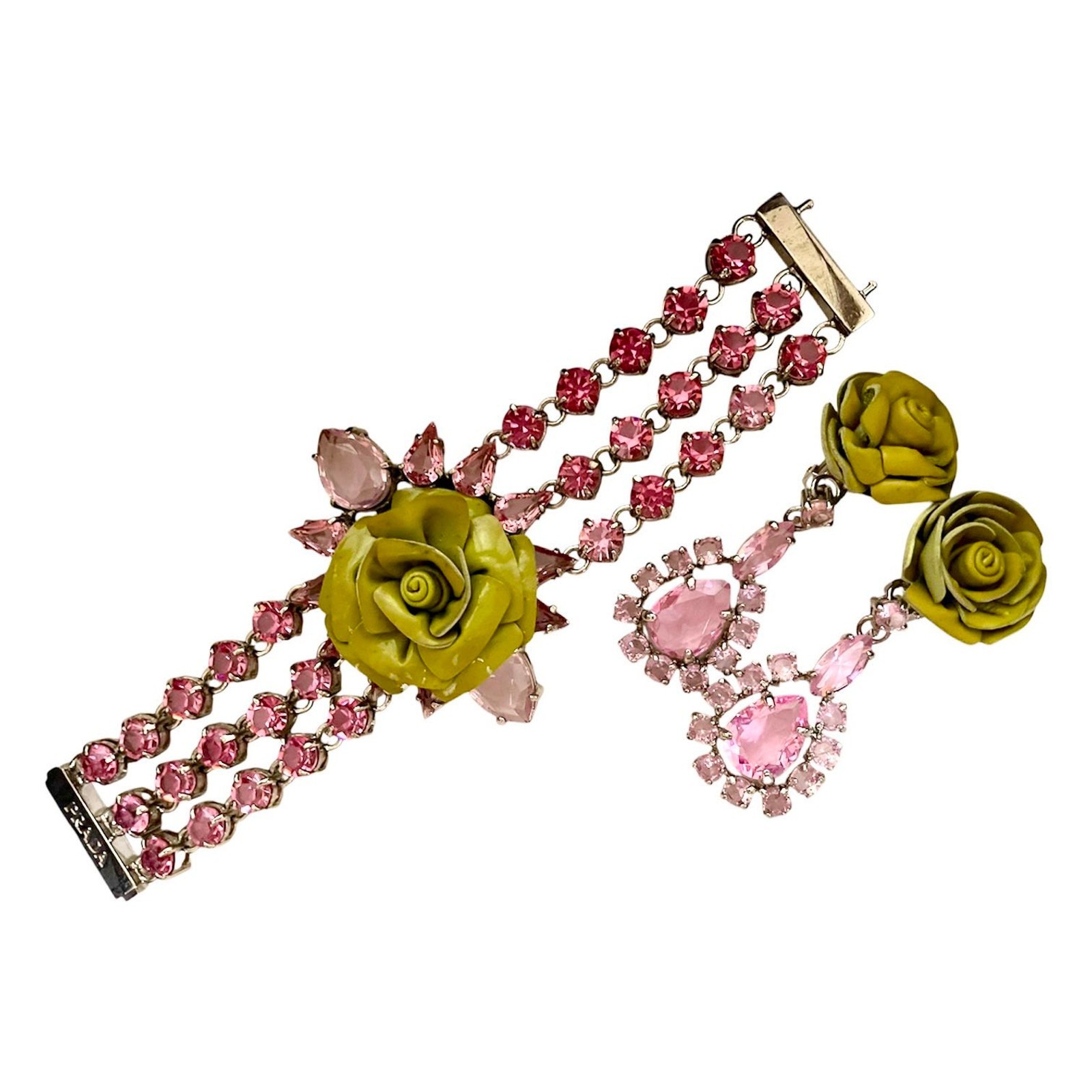 Prada S/S 2012 Green Patent Leather Rose Pink Rhinestone Bracelet & Earrings Set