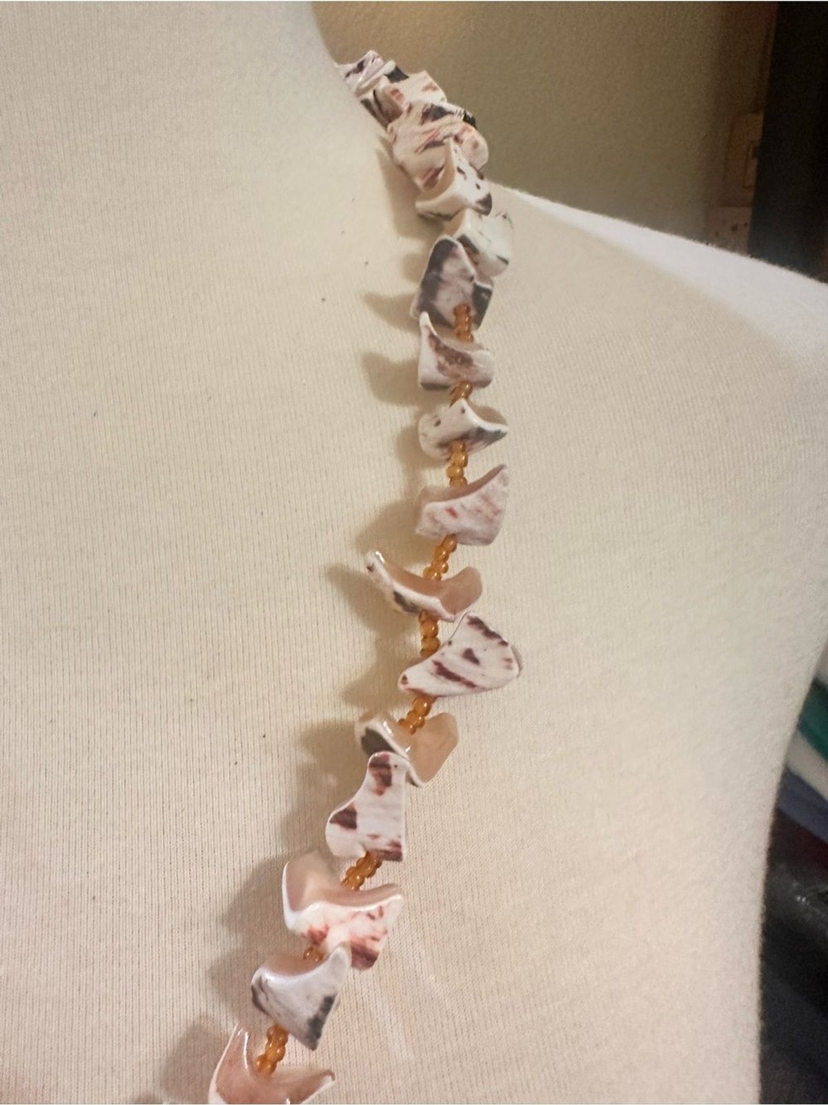 Source Unknown Beige and Cream Shell Necklace with Gold Bead Accents