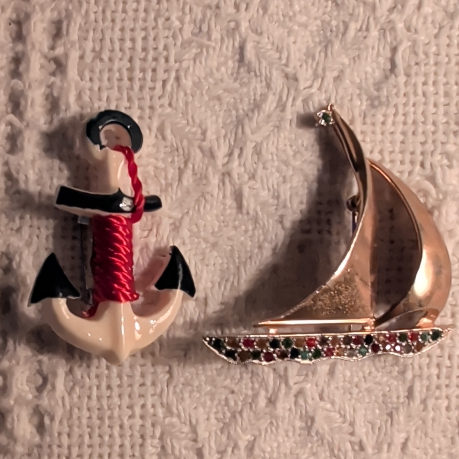 Nautical Anchor & Sailboat Enamel Metal Brooch Pin Lot 2 Gold Tone Crystal