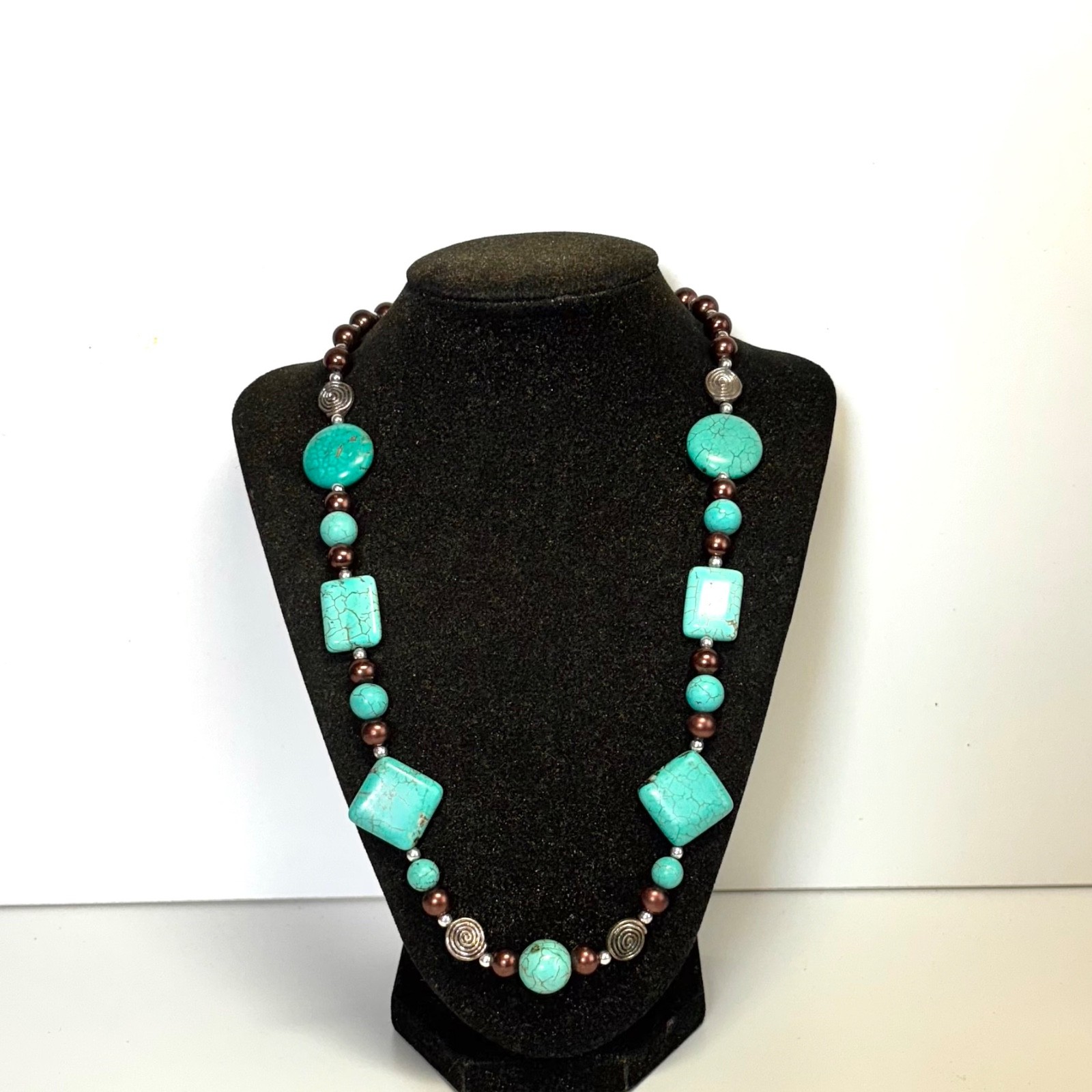 NECKLACE blue stones bronzetone faux pearl silvertone metal beads lobster clasp