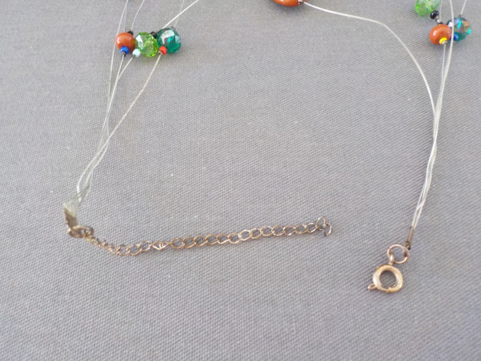 Necklace Silver Tone Metal Multi Strand Wire Stone Glass Oval Polished