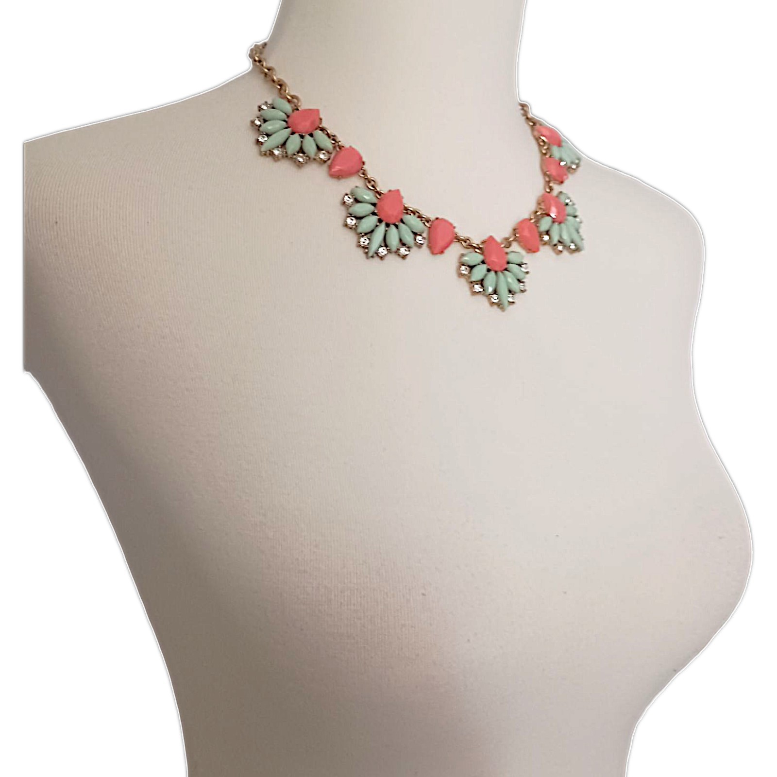 J Crew Statement Cluster Necklace Y2K Rhinestones Gold Tone Coral Mint Colors