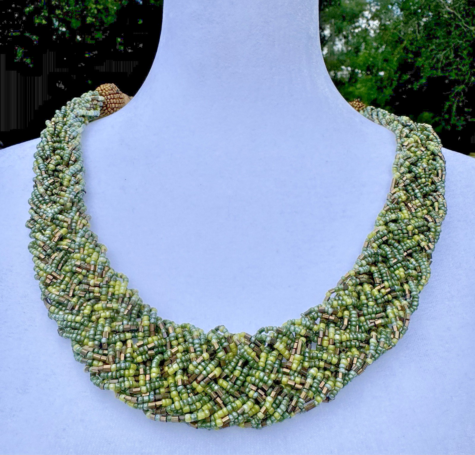 Olive Green Seed Bead Multi Strand Necklace Twisted Statement Collar 23 Inch