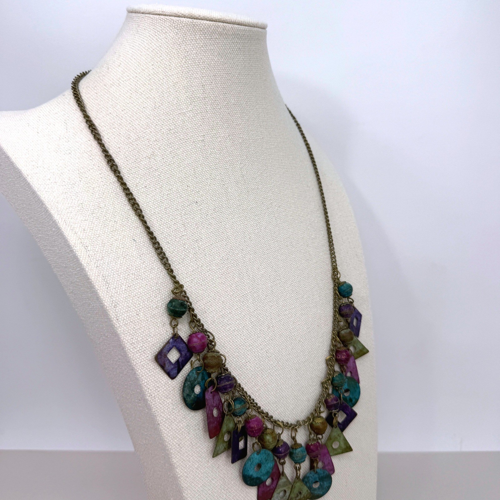 Painted Metal Bib Necklace & Dangle Earrings Jewelry Set of 3 Vintage 80s