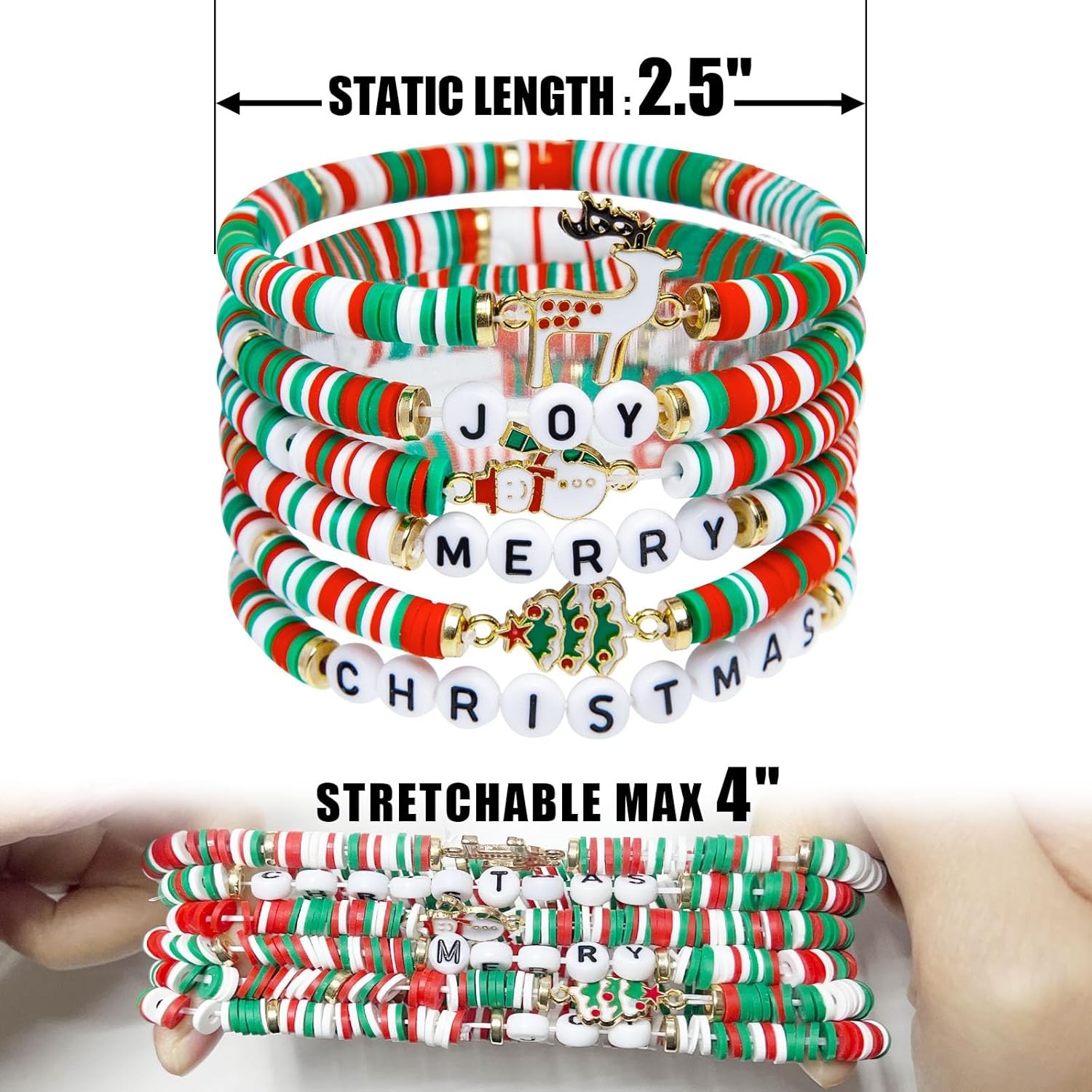 Artlunar 6 Pack Christmas Bracelets: Joy & Merry Candy-Style Stacks for Women &
