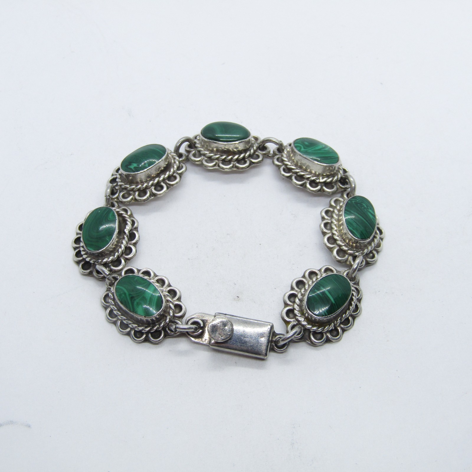 CRD TR-63 Mexico Sterling Silver 925 Malachite Flower Linked Bracelet 7″ SE203