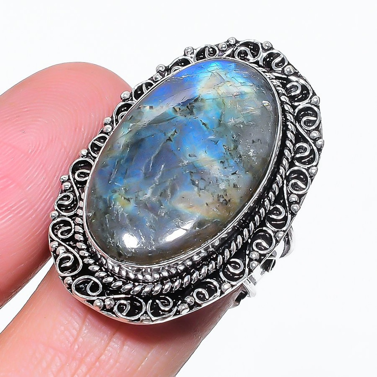 Blue Fire Labradorite Oval Shape Gemstone Jewelry Vintage Adjustable Ring SR 790