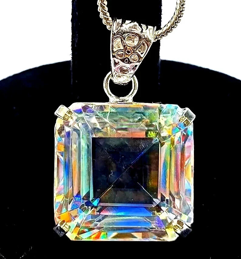 Natural Asscher Mystic Topaz 50.15 Ct+ 925 Solid Silver Rainbow Pendant Gemstone