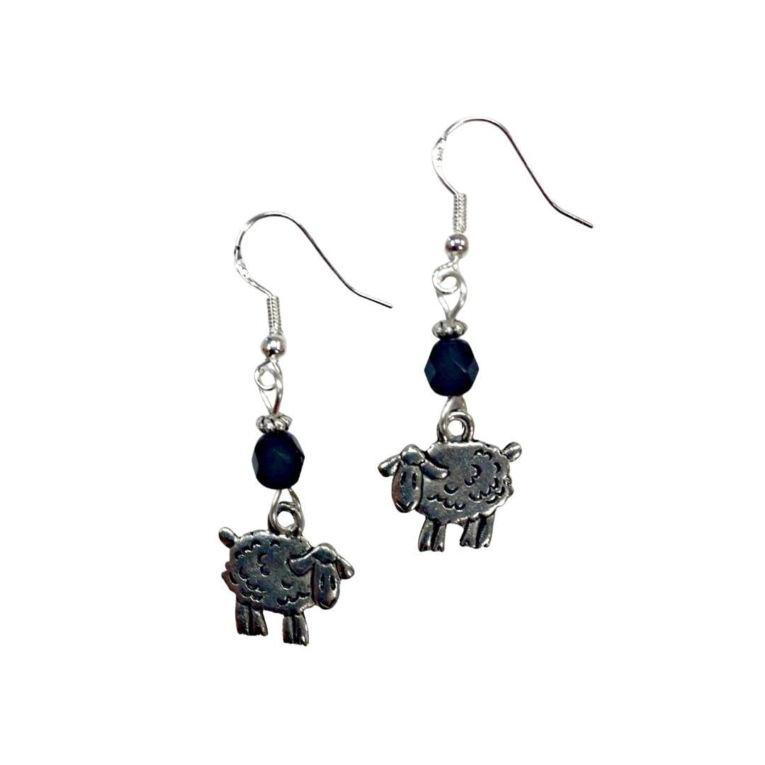 Black Sheep Charm Earrings with Jet Black Crystal Beads, FREE SHIPPING, Farm