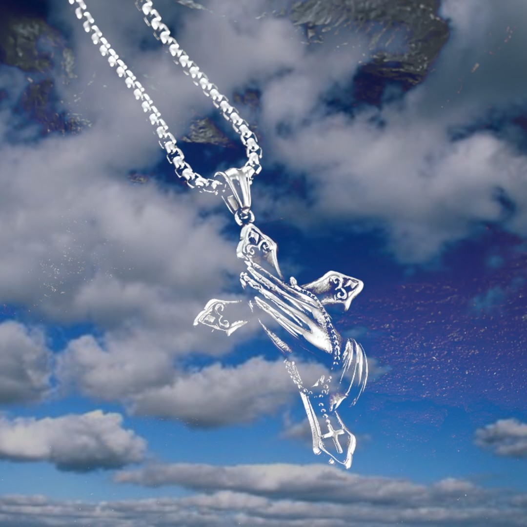 Praying Hands Cross Pendant Necklace Chain Faith Gift Mens Stainless Steel 24″