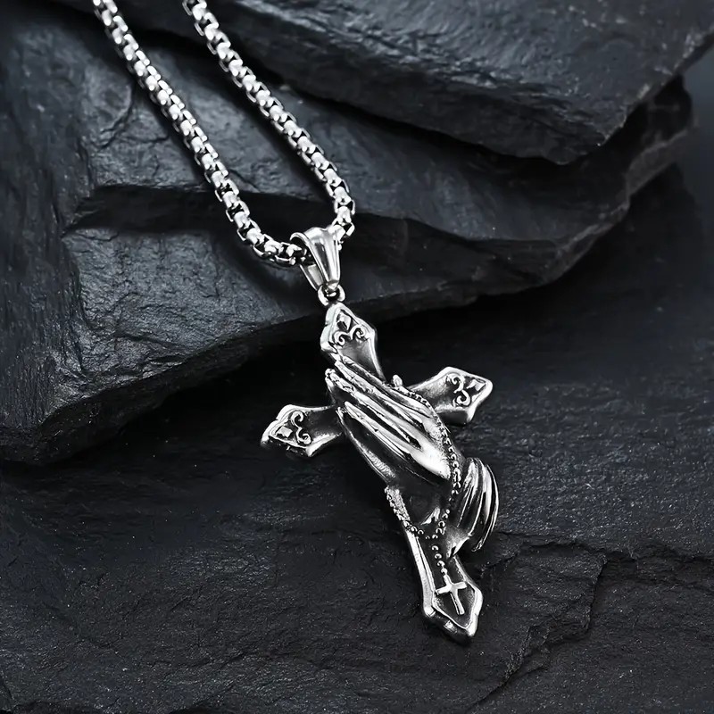 Praying Hands Cross Pendant Necklace Chain Faith Gift Mens Stainless Steel 24″