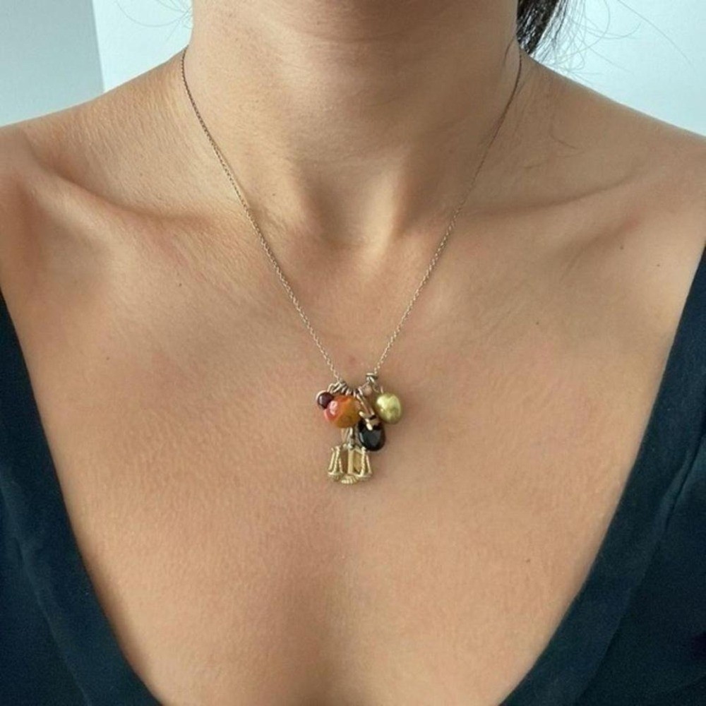 Libra Charm Necklace Zodiac Sign Astrology Jewelry Gold Tone Beaded Multi Charm