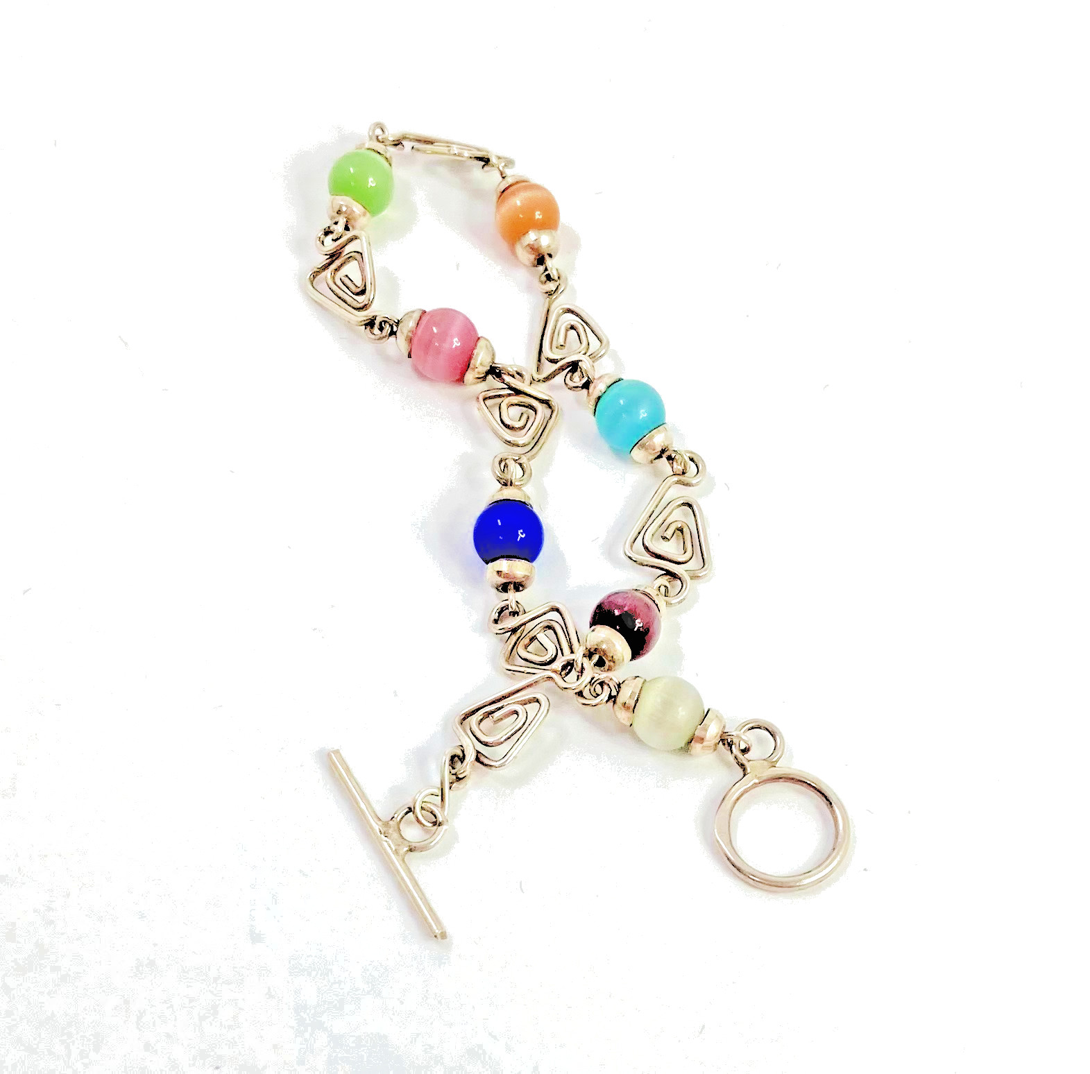 925 Silver & Multicolored Cat’s Eye Glass Triangle Link Chain Bracelet 8 in long