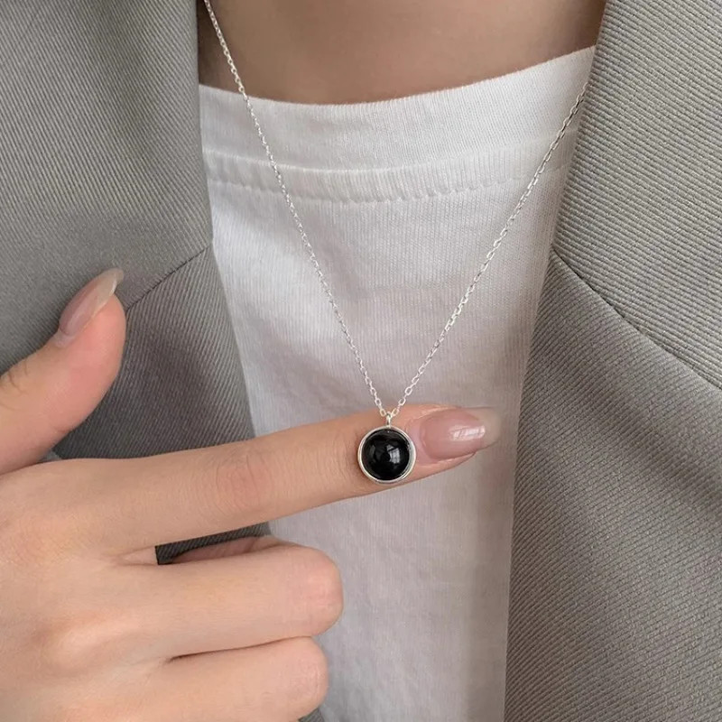 PANJBJ 925 Sterling Silver Onyx Necklace for Women Girl Concise Individuality Fa