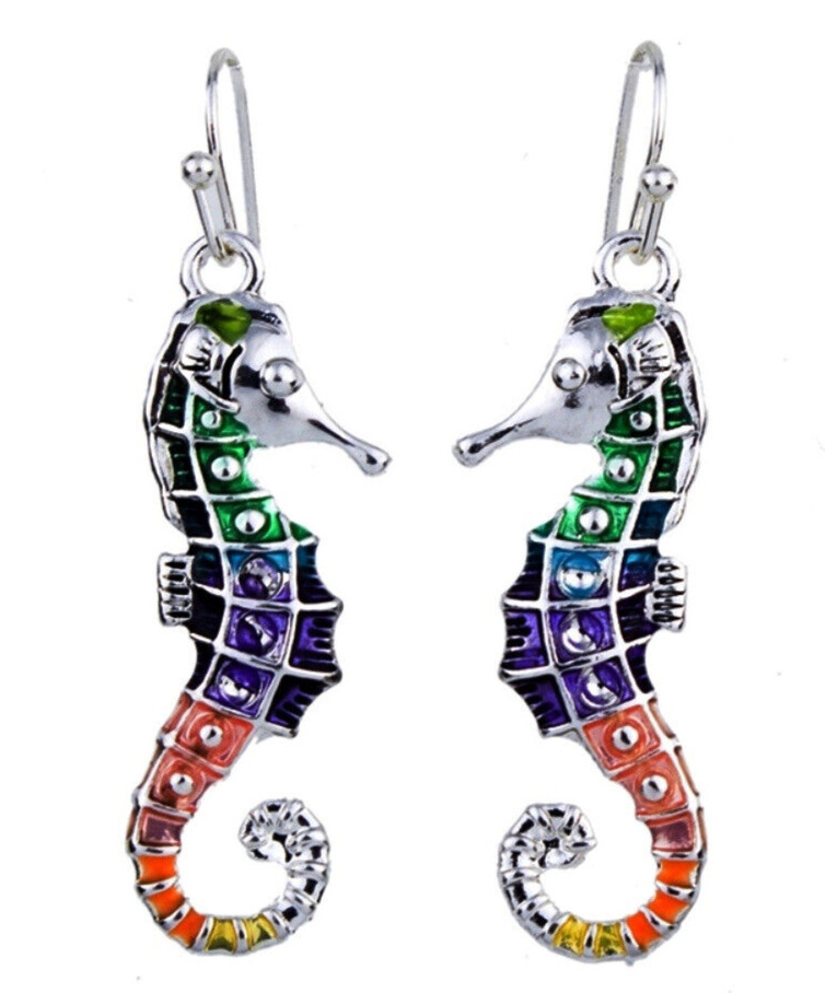 Seahorse Earrings Dangle Enameled Rhodium Plated Gift Boxed Sea Horse