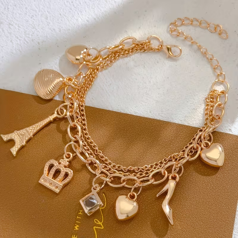Three Row Chain Europe Queen Theme 8 Charm Bracelet Gold Tone
