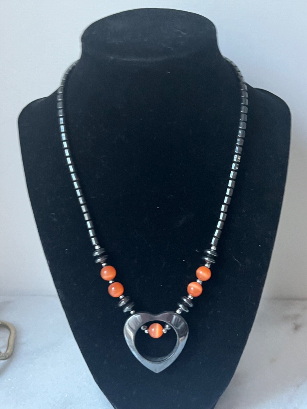 Gunmetal Gray Hematite Stone Heart Orange Glass Cats Eye Bead Necklace 18 inch