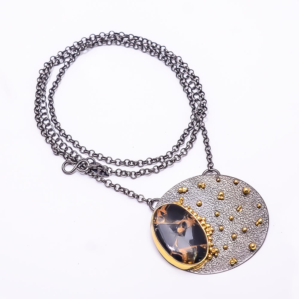 Copper Black Obsidian Black And Gold Rhodium 925 Silver Necklace 19.99″ N12