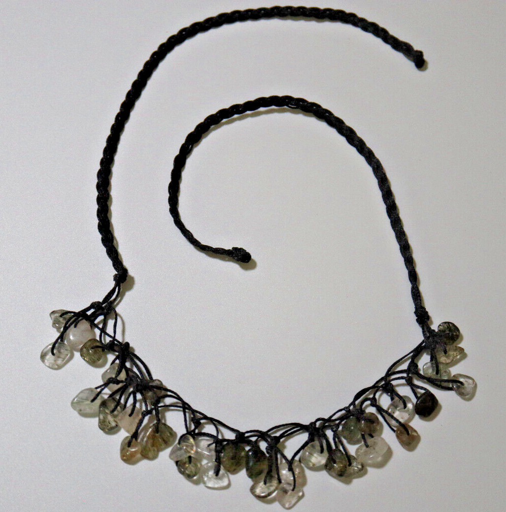NECKLACE BLACK BRAIDED CORD W/OVER 40 POLISHED RUTILATED QUARTZ STONES 14″-26″