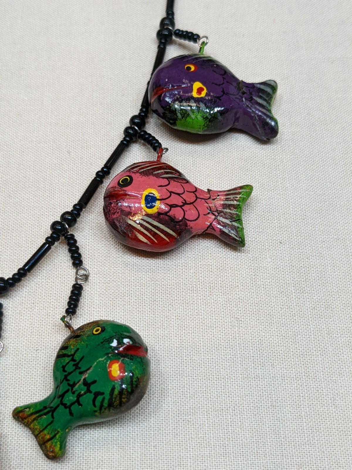 Hand Painted Fish Charm Necklace Colorful Black Bead Tropical Beach Cruise ~22″