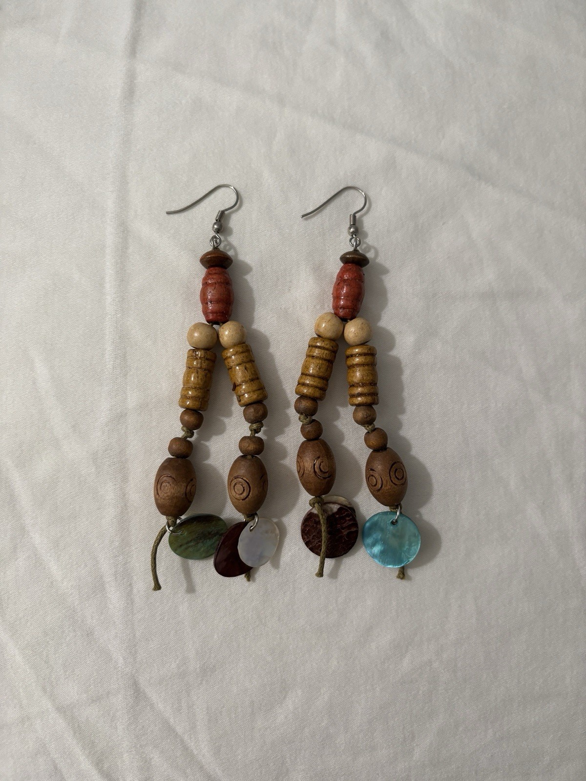 Bohemian Earthy Dangle Earrings With Wooden Beads Shell Like Pieces Twine