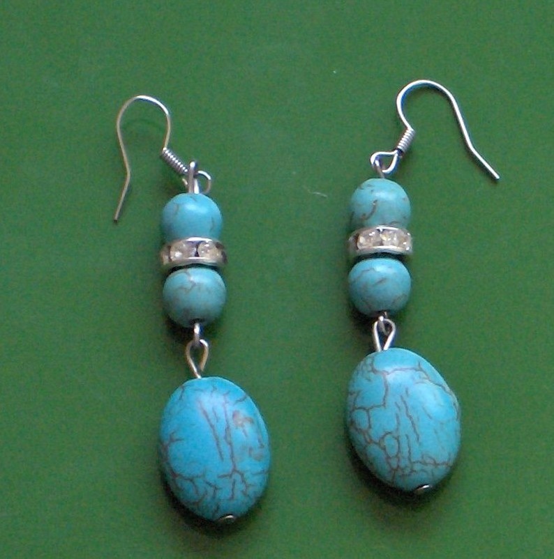 TURQUOISE , CZ 3 STONE 2.25″ DROP 925 SILVER PLATED EARRINGS, DROP DEAD GORGEOUS
