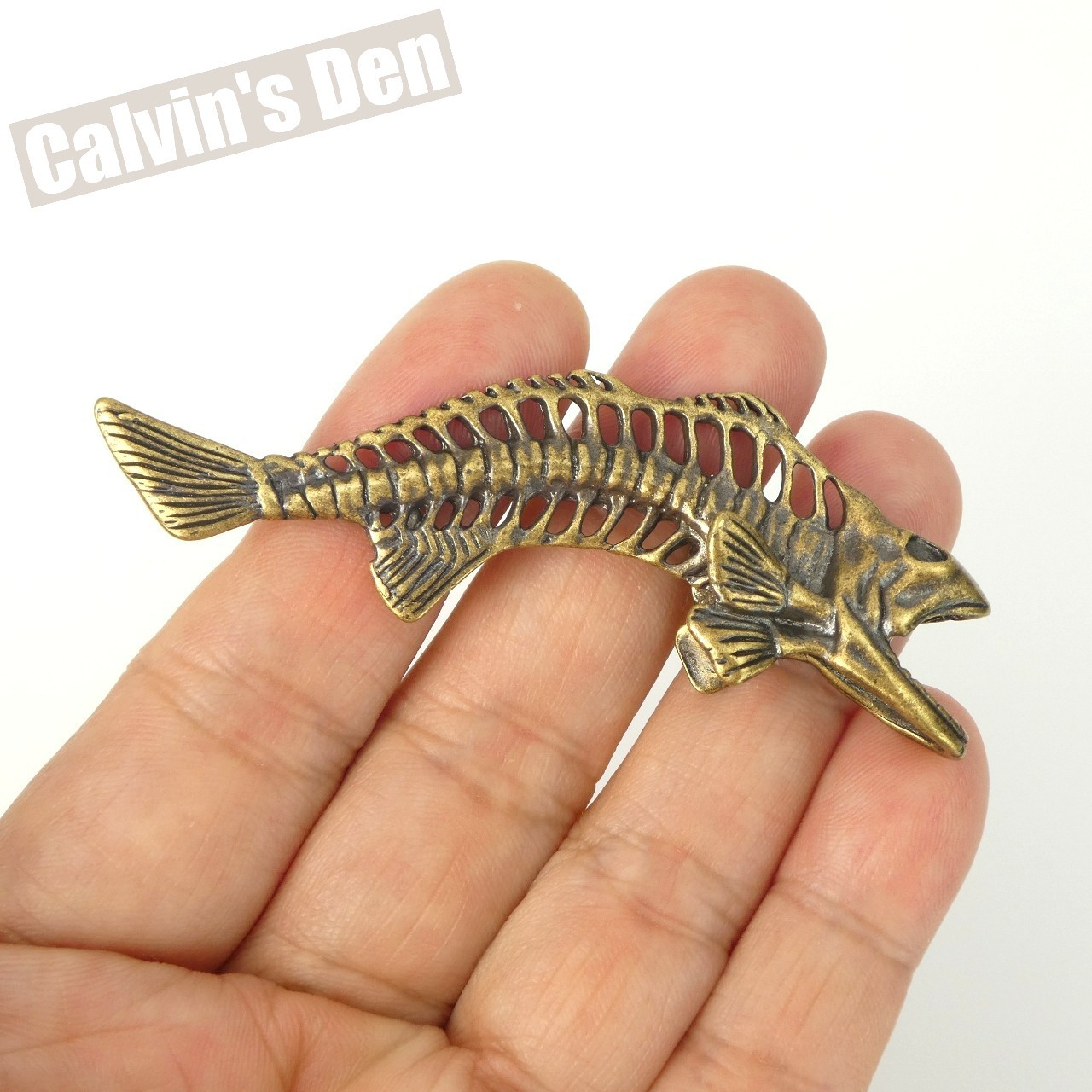 Solid Brass Fish Skeleton Fossil Style Pendant Punk Fun Gift