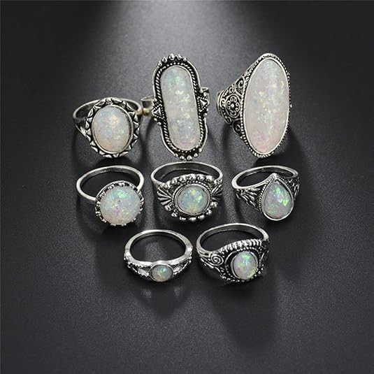 8 Piece Set White Opal Rings Jewelry Stone Alloy Steel Carved Bohemian Fairygoth