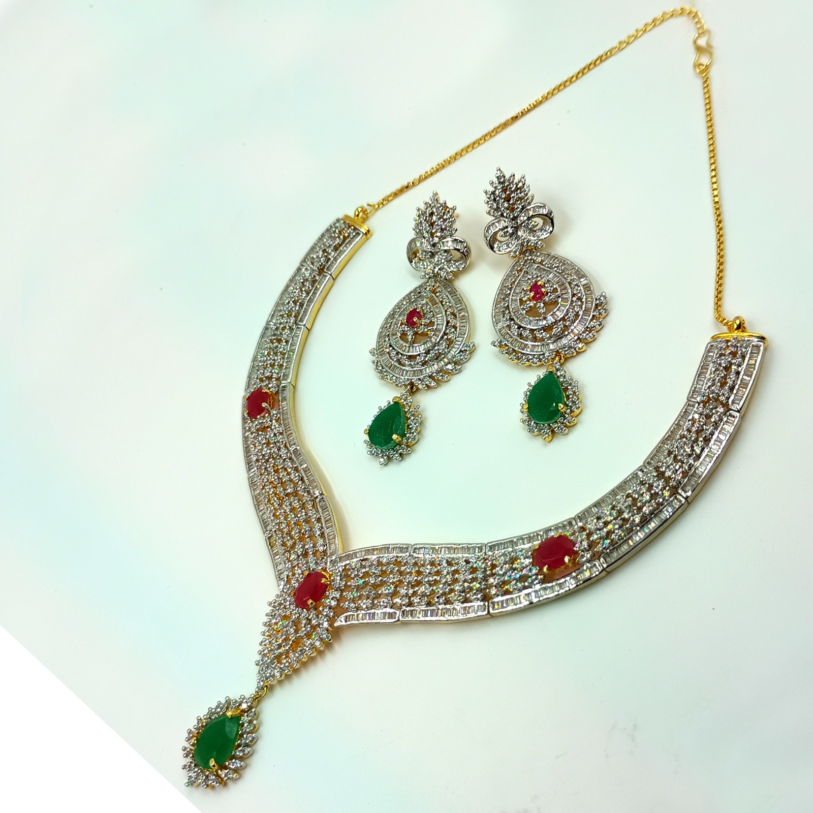 Traditional Emerald Ruby CZ Diamond Choker Necklace Set 22k Gold Plated