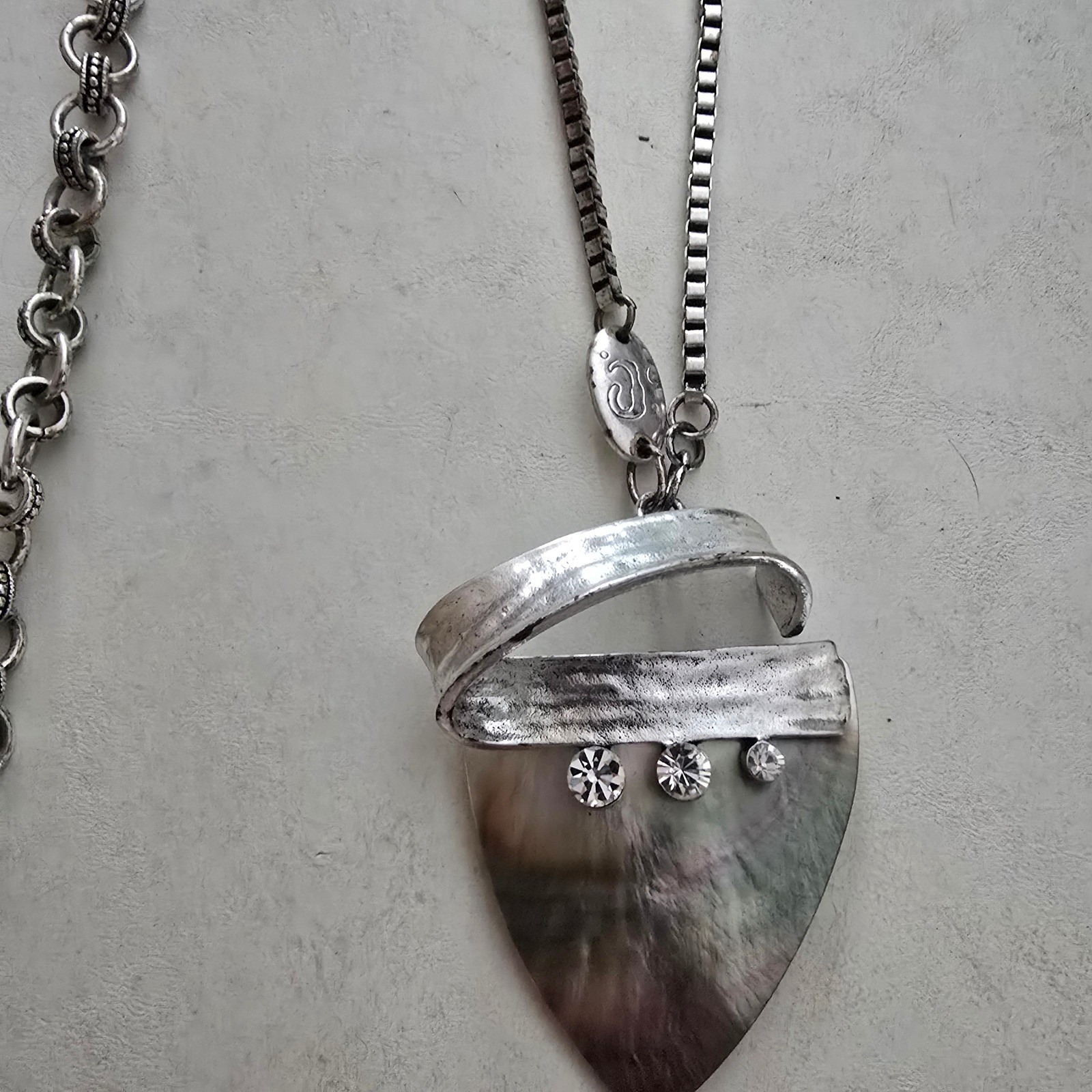 Silver Tone Statement Necklace Lot Mother of Pearl Pendant & Chunky Link Chain