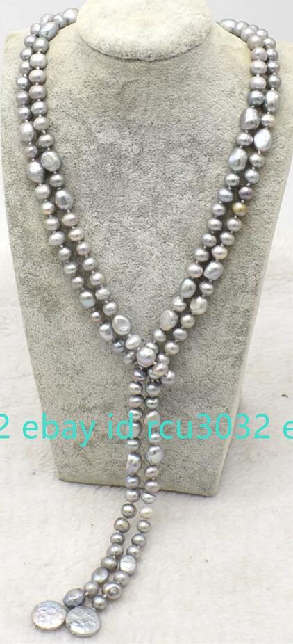 7-8mm 9-10mm Round Baroque Coin Gray Freshwater Pearl Long Necklace 50-100 In