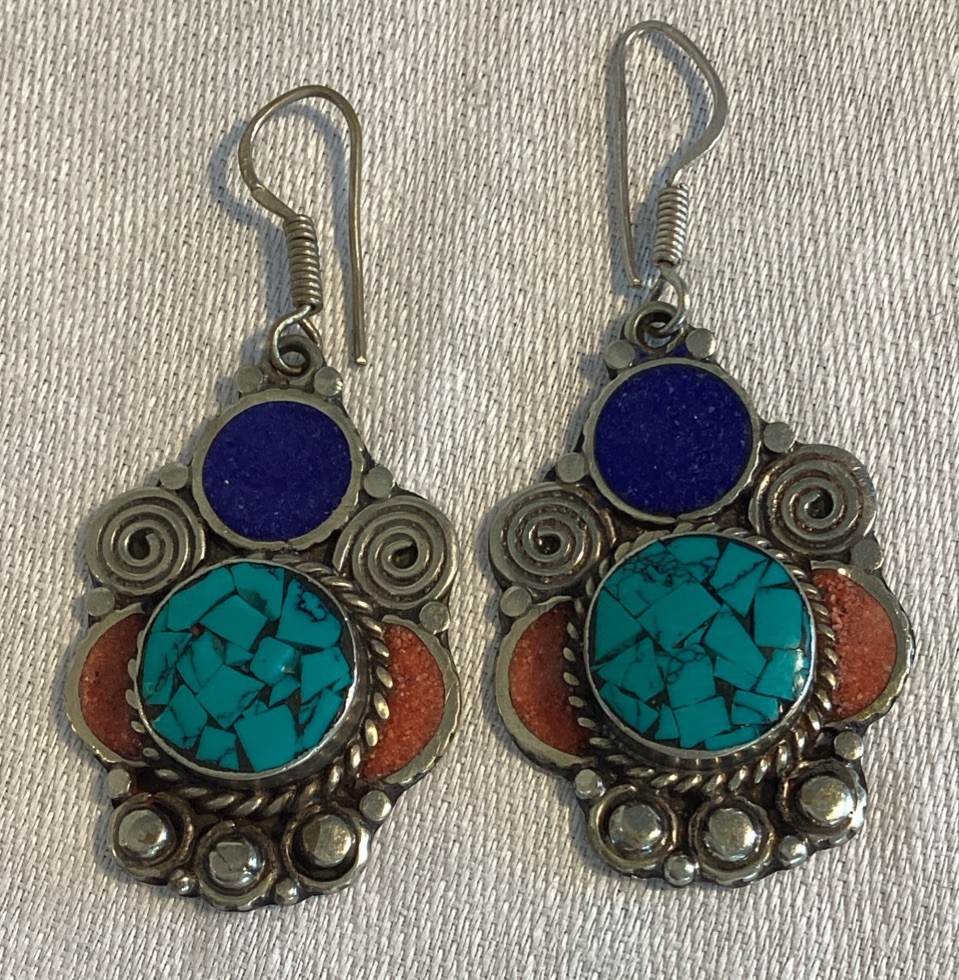 Turquoise, Lapis Lazuli & Orange Coral Drop Dangle Earrings Marked 925