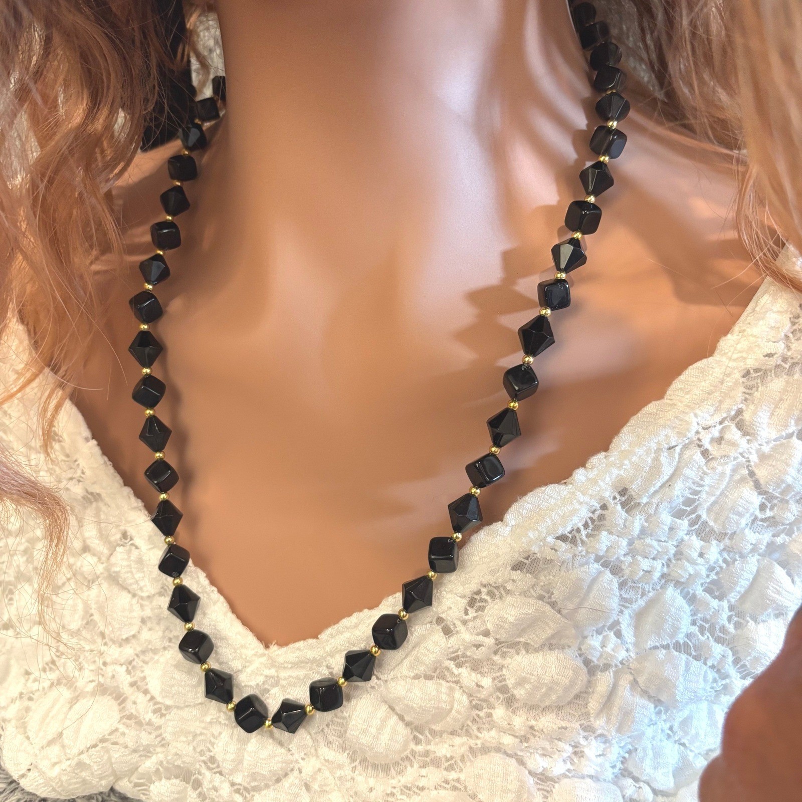 Ahbra-Cale Collection Goth Necklace Black Beaded Gold Tone Dark Academia 21314