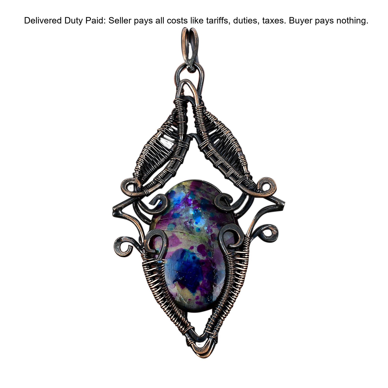Copper Oval Natural Multi Fire Labradorite Wire Wrapped Mother Designer Pendant