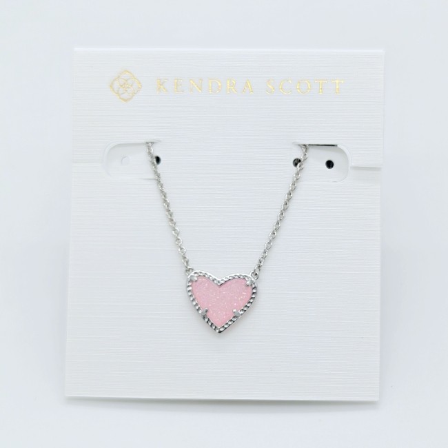 New Kendra Scott Ari Heart Silver Necklace in Pink Quartz