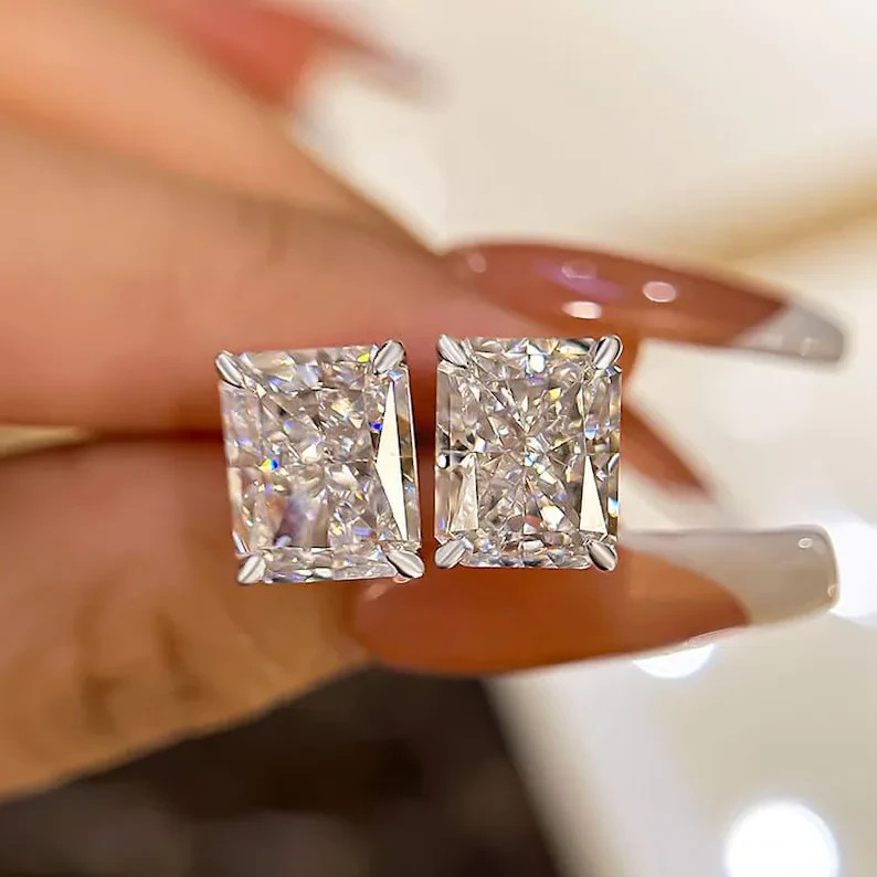 4 Ct Radiant Cut Lab Grown Diamond Earrings Studs Valentine Gift For Her