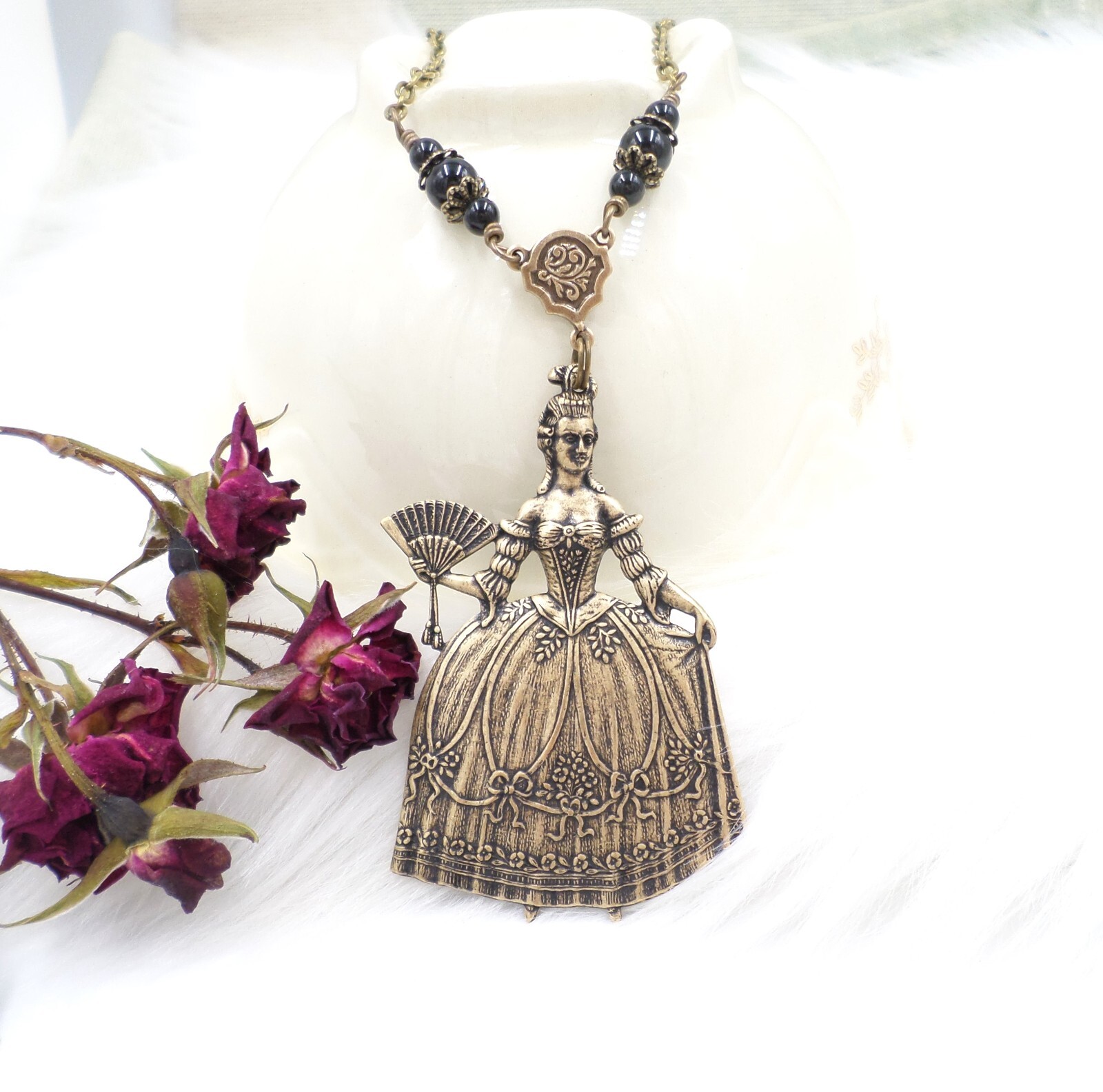 Marie Antoinette Necklace Victorian Lady Pendant Bronze Tone Gothic Jewelry