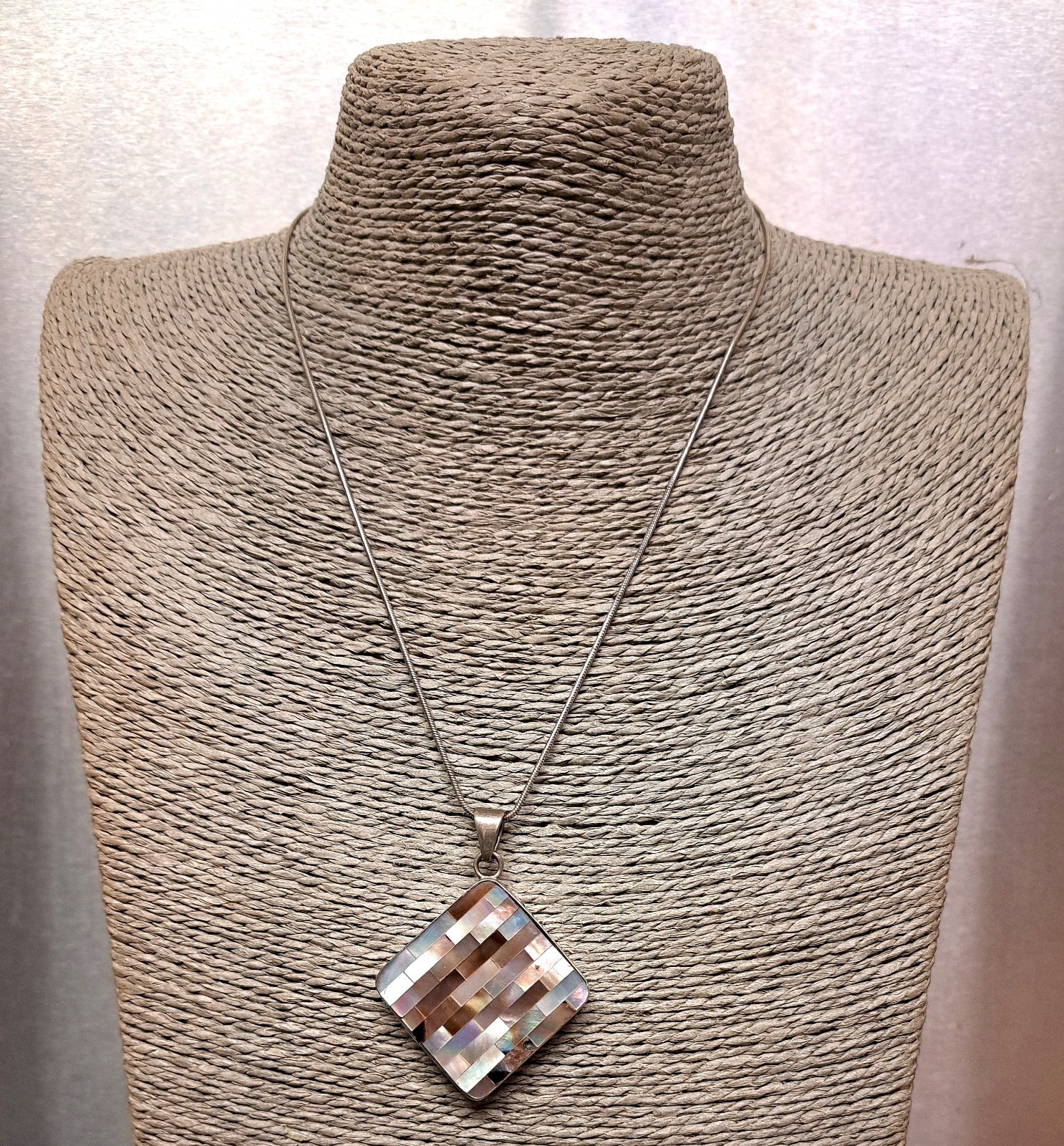 Vintage Sterling Silver 925 pendant Abalone mosaic Large 3cm 17.1gr 47cm chain