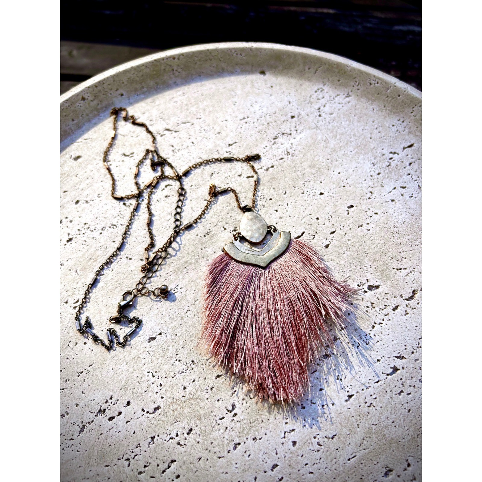 Blush Pink Fringe Tassel Long Pendant Necklace Boho Brass Tone 34 Inch Chain