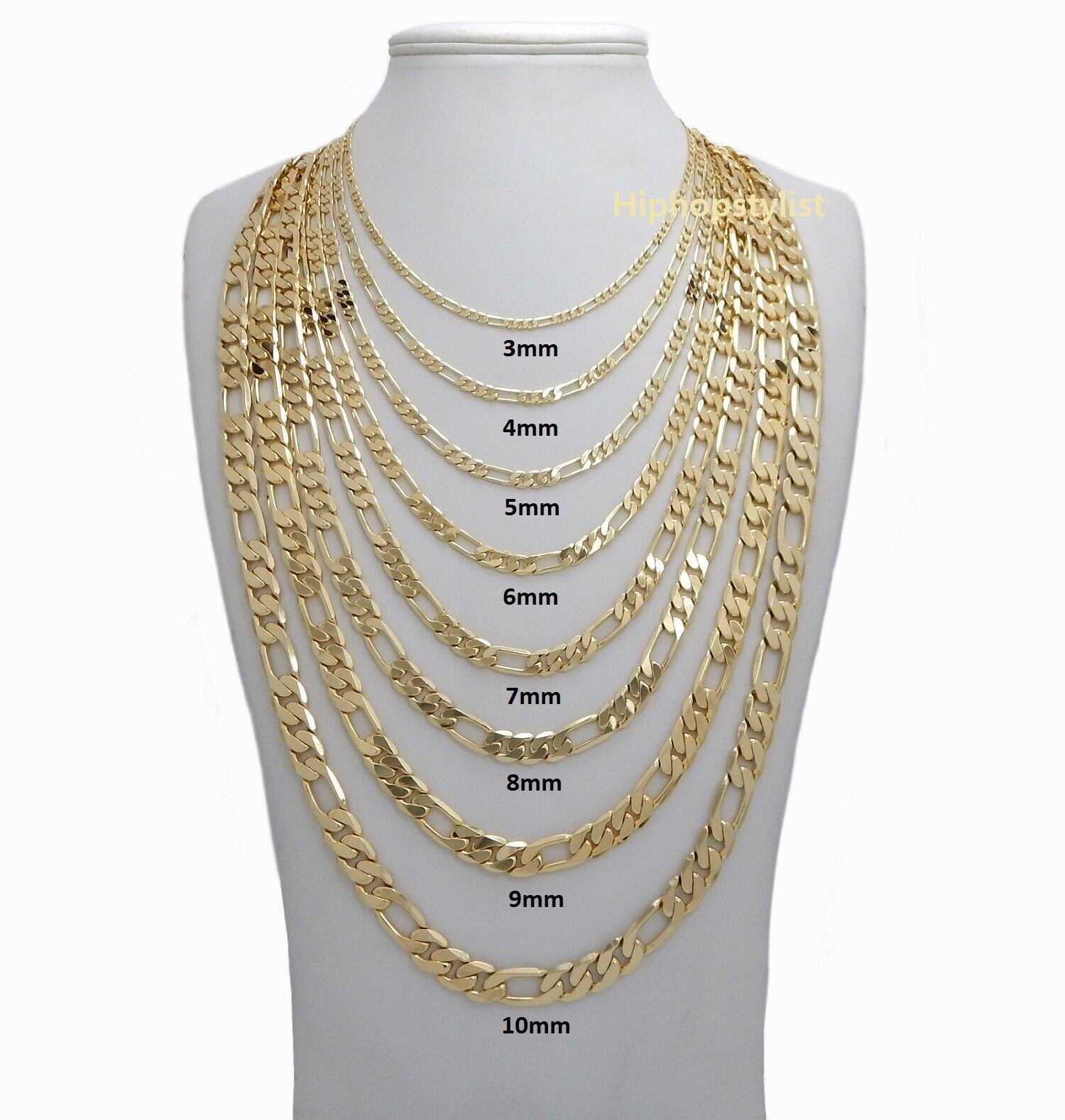 14k Italian Figaro Link Chain Necklace 3mm to 10mm Gold Plated 16″ 18″ 20″ 24 30