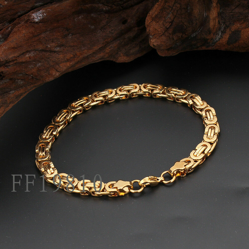 6MM 18K Gold Byzantine Flat Chain Necklace&Bracelet Stainless Steel Jewelry Set
