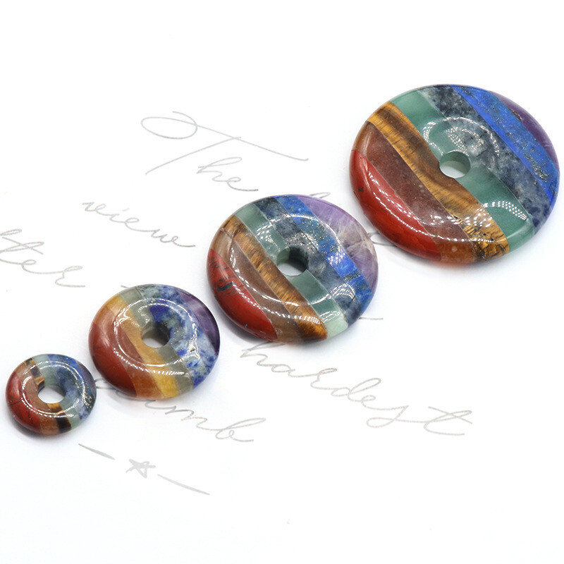 1Pcs Natural Multicolor Gemstone Crystal Round Donuts Large Hole Pendant HT1404