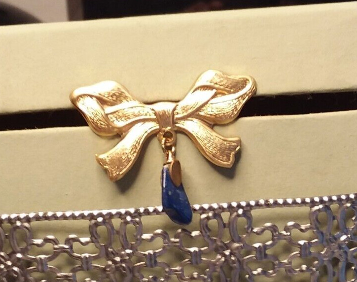 42mm Brass Stamping Ribbon Lapel/Pin Brooch W/15mm Blue Dangle 06-01-2023