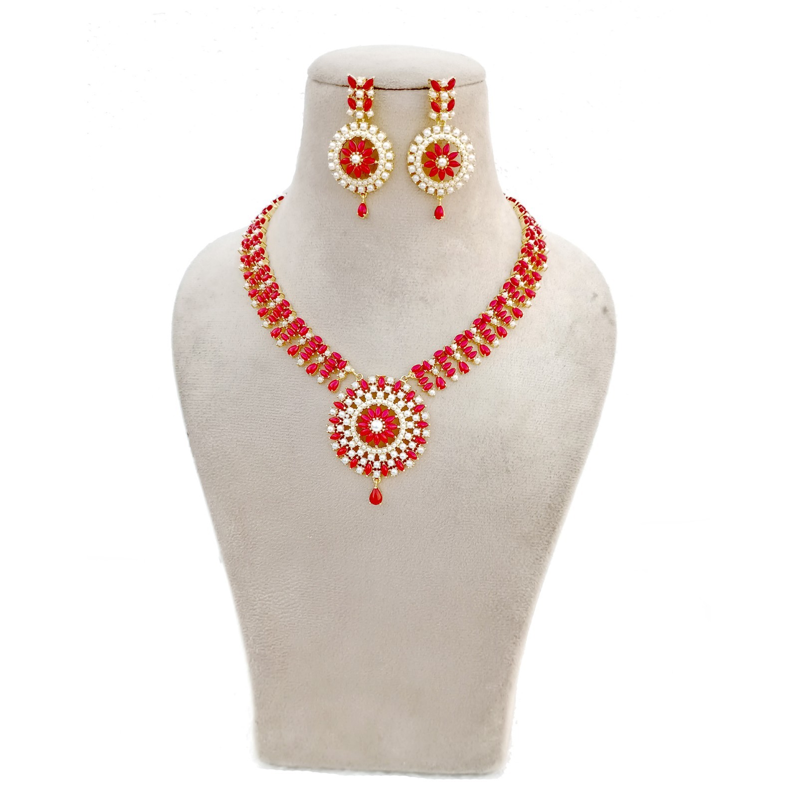 Bridal Long Coral Pearl Necklace Set 22K Gold Plated Luxury Anniversary Jewelry